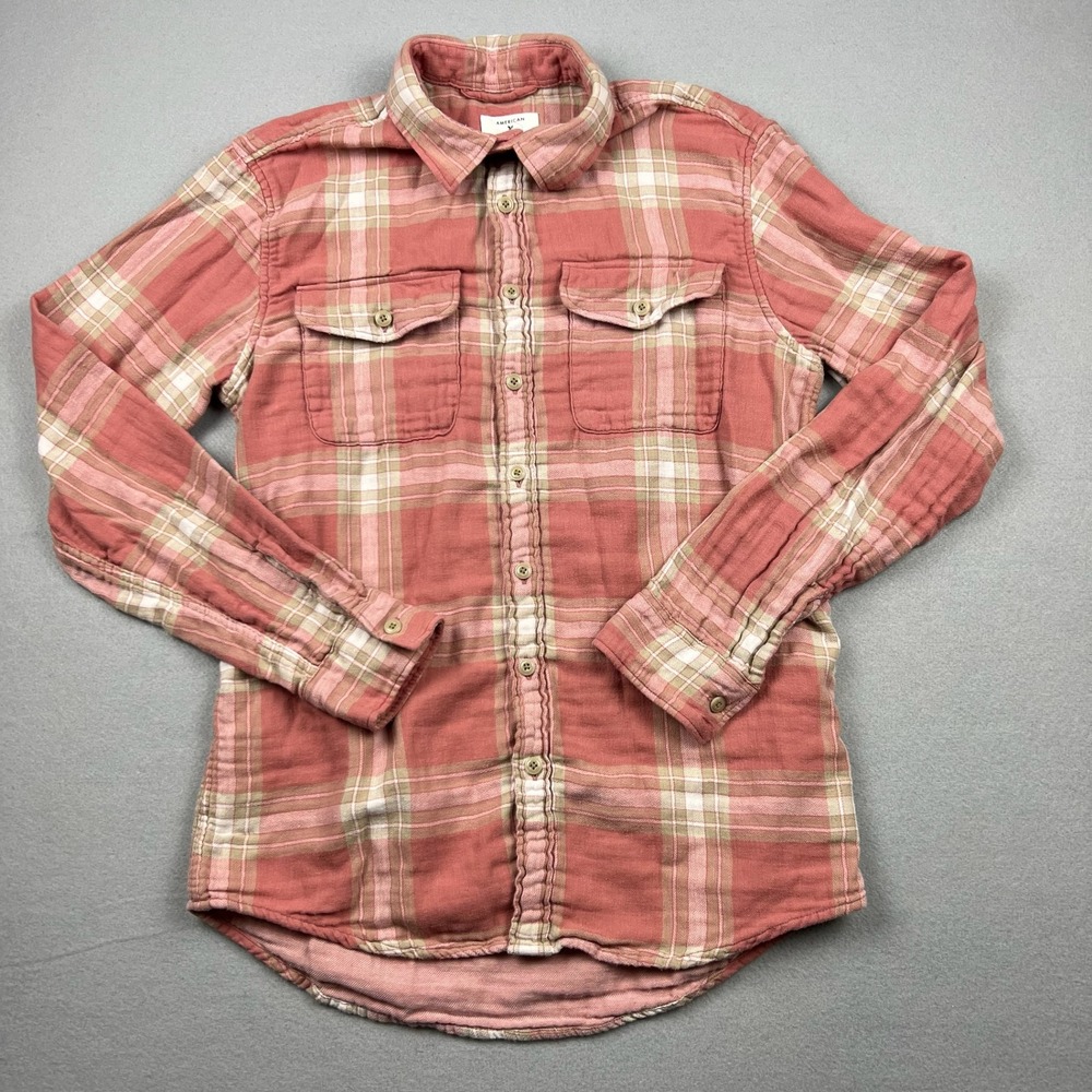 American Eagle Men Medium Tall Pink Plaid Standard Fit Flannel Button Down Shirt